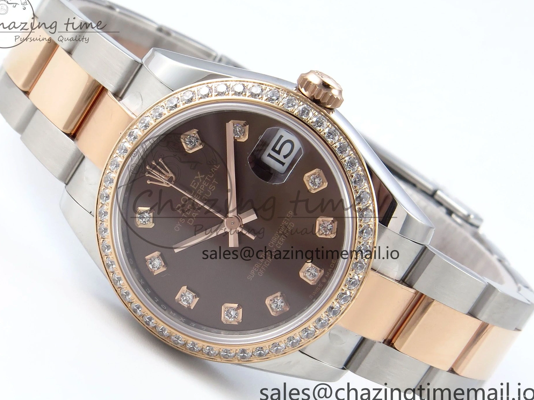 AAA Replica Watches 31 Oyster Dial 904L ETA Diamonds Bezel on RG WrinkleFree Best Diamonds Bracelet DateJust 278381RBR 373 Brown Steel ARF 1:1 SS Edition 1225